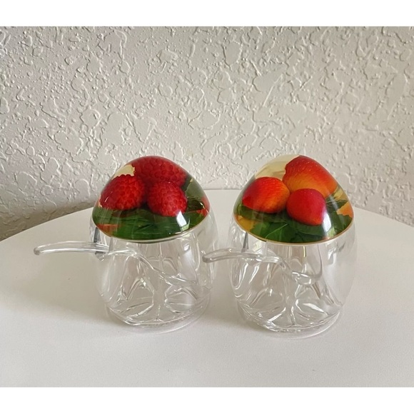 Vintage Lucite Condiment Jars by Stokes Perspex w/Fruit Enclosed Lids & Spoons - Picture 8 of 8